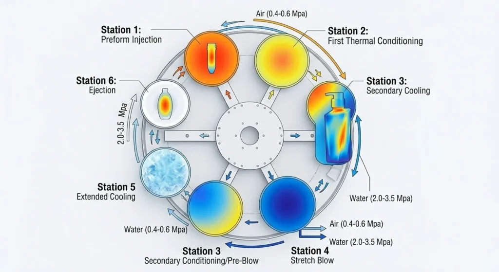 Proceso rotatorio de 6 estaciones: inyección, acondicionamiento, estiramiento, soplado, enfriamiento y expulsión