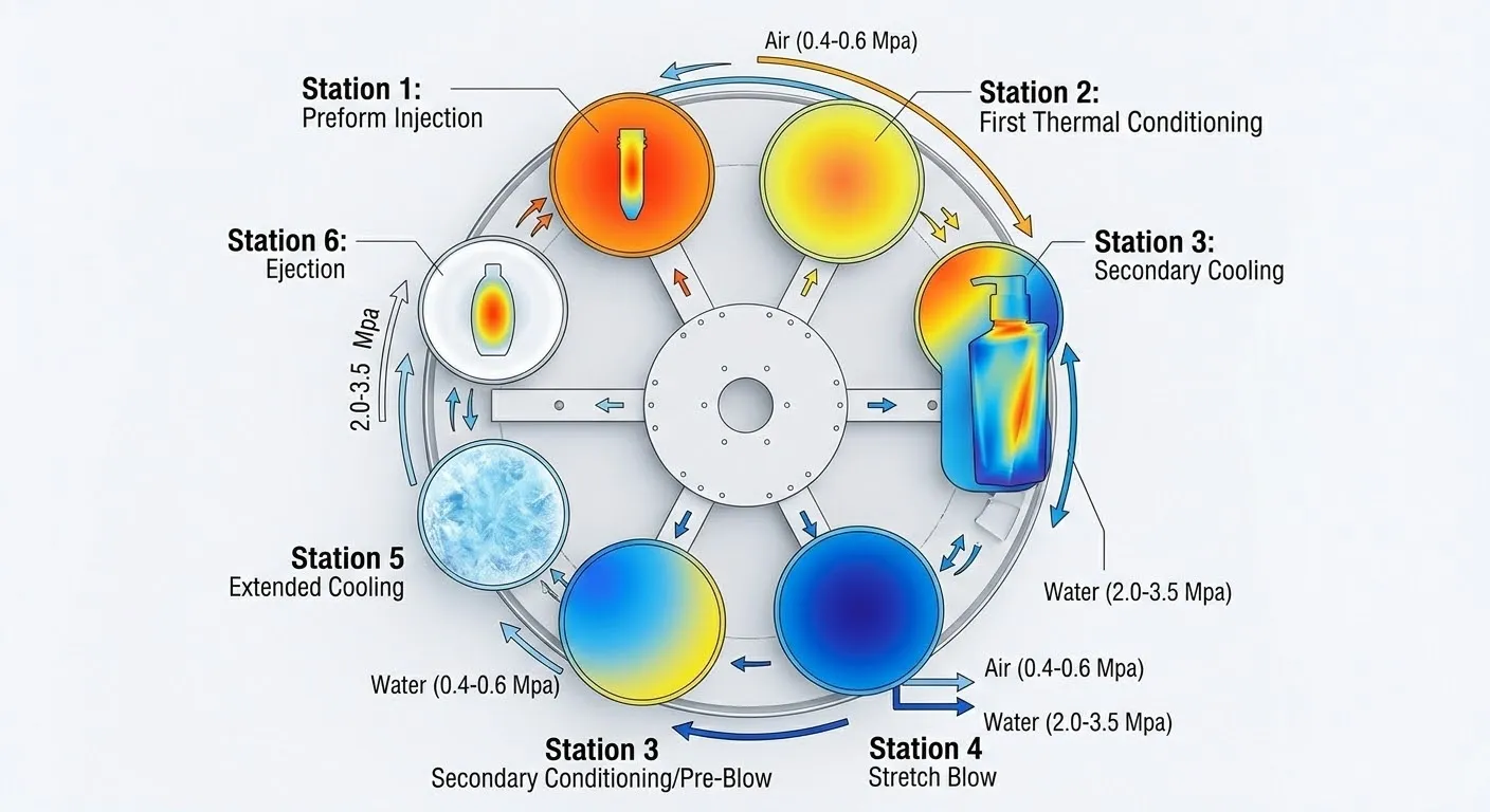 6-station ISBM rotary process diagram injection conditioning blow cooling ejection