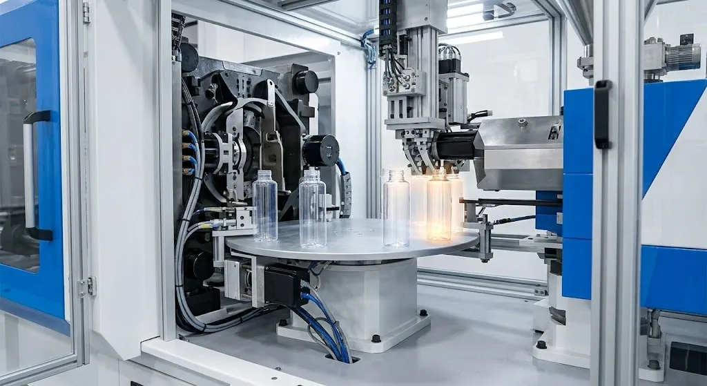 A dynamic close-up shows the servo-driven turntable rotating smoothly