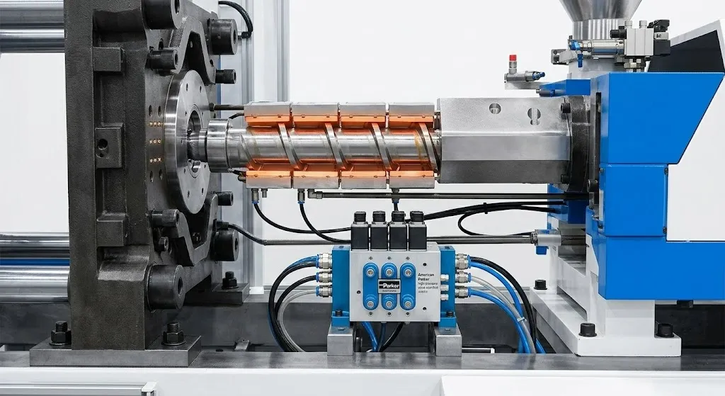 A focused look at the standard injection unit reveals the robust 40mm screw mechanism