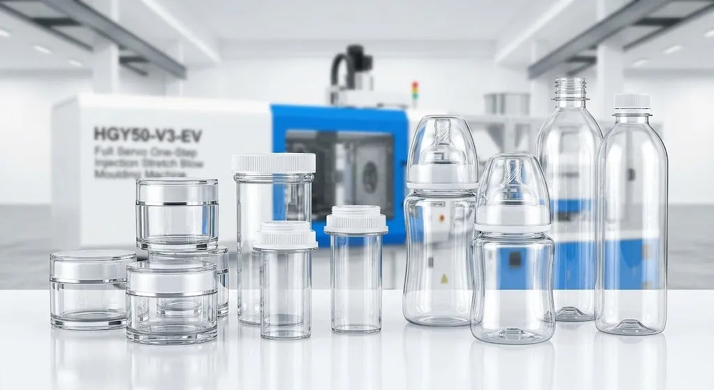 A gallery grid displays the high-quality PETG and Tritan bottles achievable on the HGY50-V3-EV