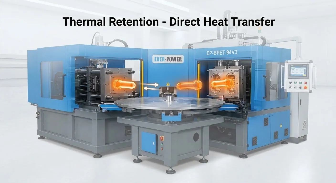 Diagram skematik semi-transparan perpindahan panas langsung yang memvisualisasikan penghematan energi yang sangat besar.