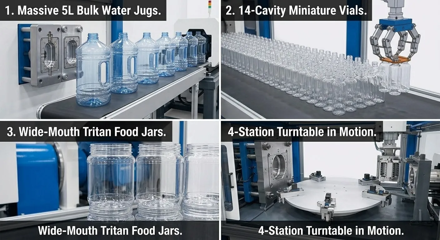 Aplicación de moldeo por inyección, estirado y soplado de 4 estaciones EP-BPET-125V4