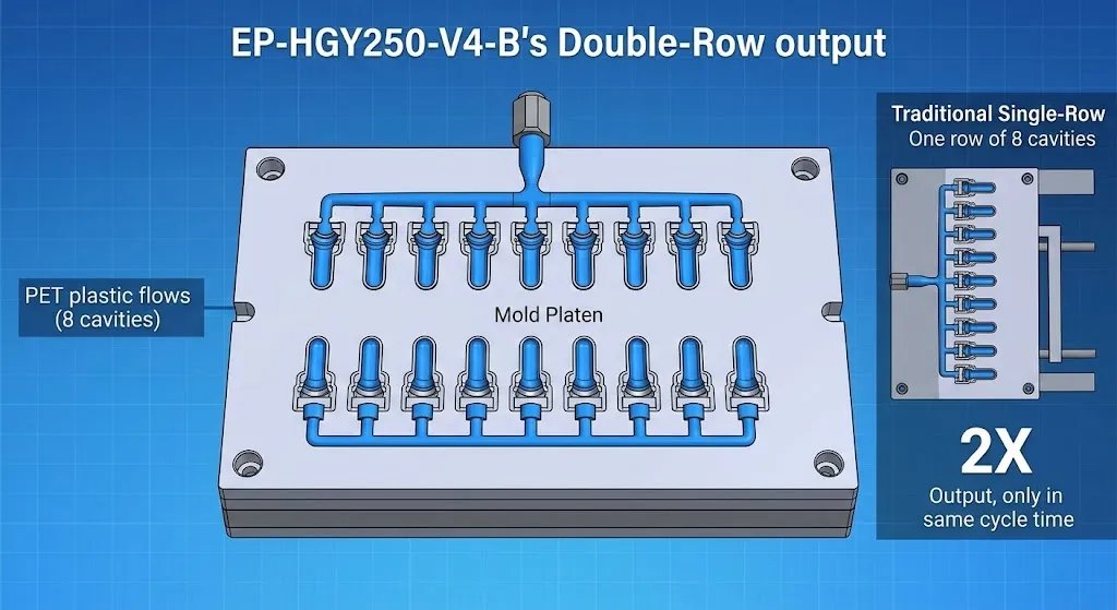 EP-HGY250-V4-B Máquina de moldeo por inyección, estirado y soplado de doble fila y 4 estaciones. Salida de doble fila.