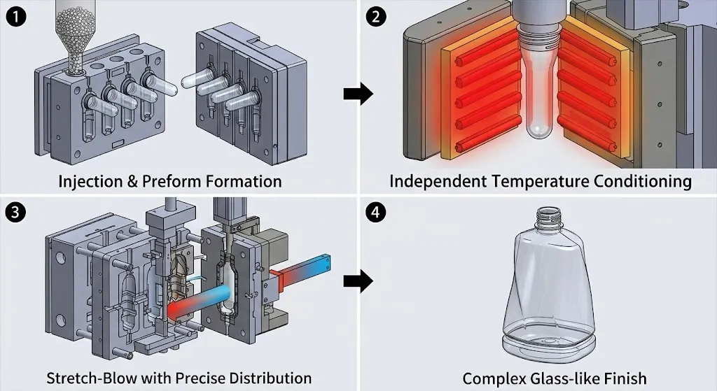 Four-panel animated CAD infographic demonstrating the 4-station process