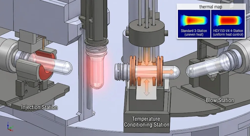 HGY150-V4 4-Station Injection Stretch Blow Moulding Machine Animated CAD video simulation