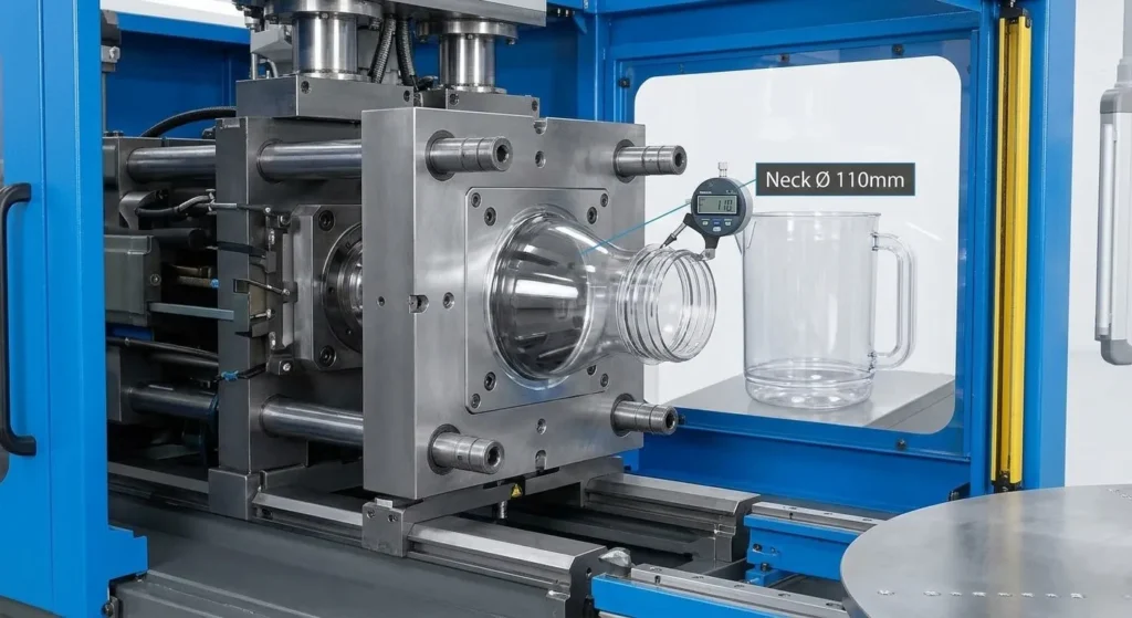 Tampilan Teknis Jarak Dekat: Preform berukuran besar 110 mm dan pelat penjepit khusus.