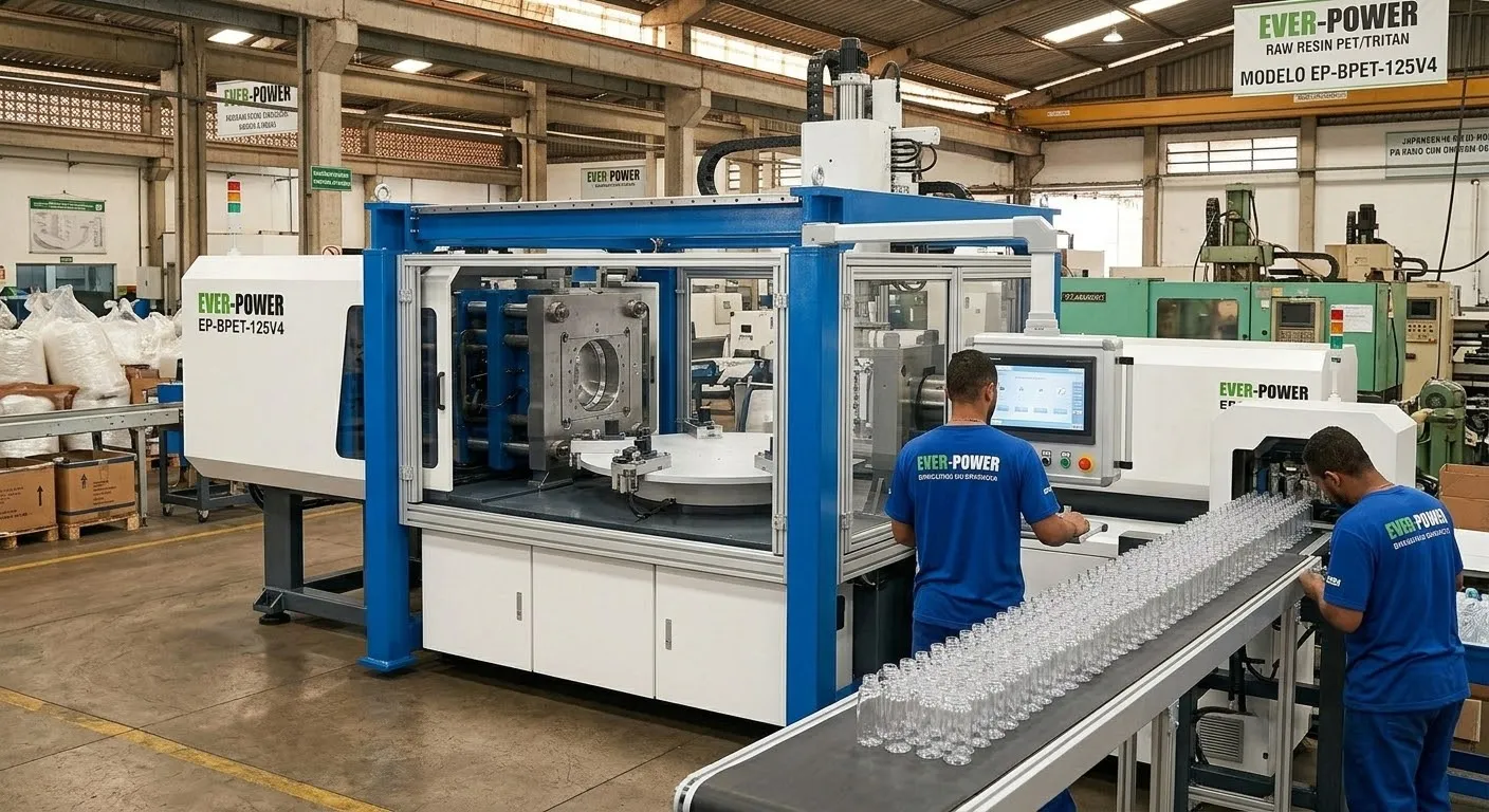 La EVER-POWER EP-BPET-125V4 de 11 toneladas procesa activamente botellas cosméticas de alta cavidad