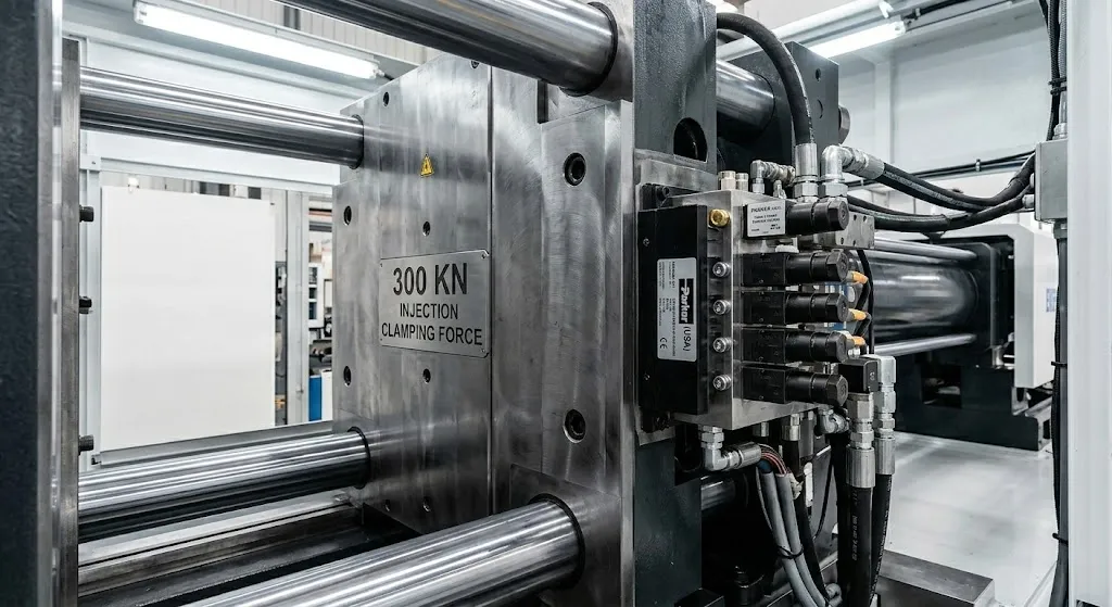 highlighting the massive 300 KN injection clamping mechanism