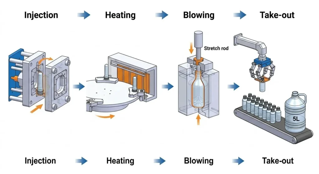 Cómo se transfiere una preforma a través de las cuatro estaciones distintas del EVER-POWER EP-BPET-125V4