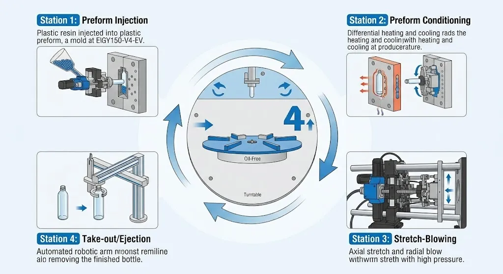 Proceso secuencial de 4 estaciones del HGY150-V4-EV
