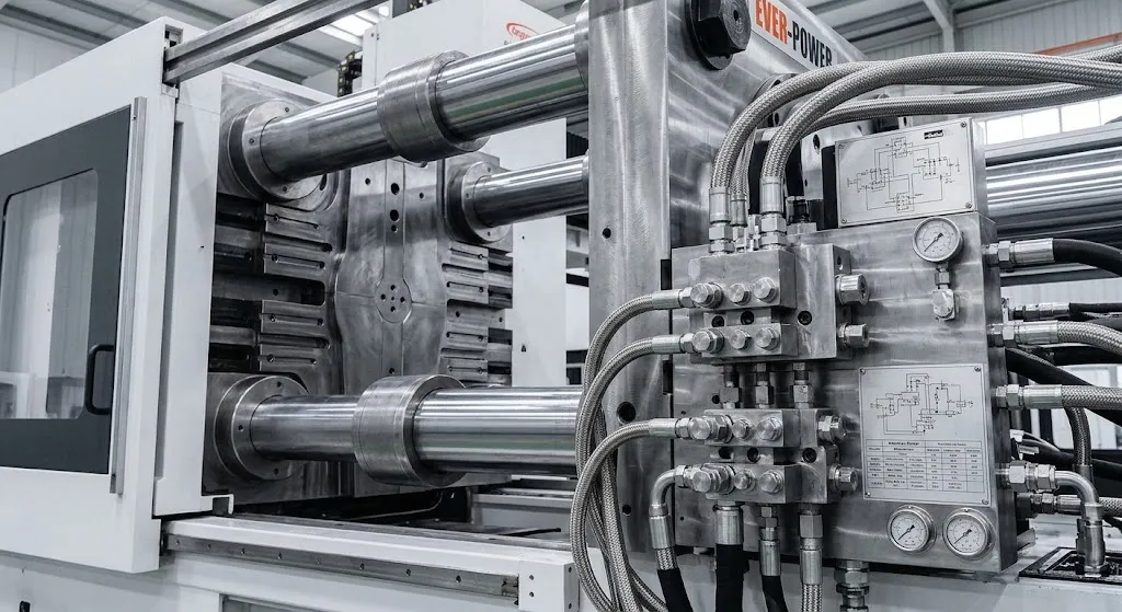 the immense 400 KN injection clamping mechanism and the heavy-duty American Parker high-pressure valve manifold