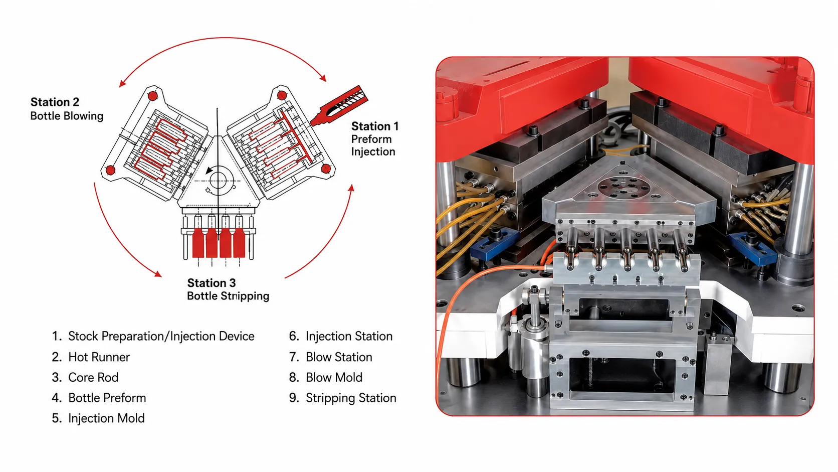 All-electric servo IBM machine operating principle — 3-station injection blow ejection